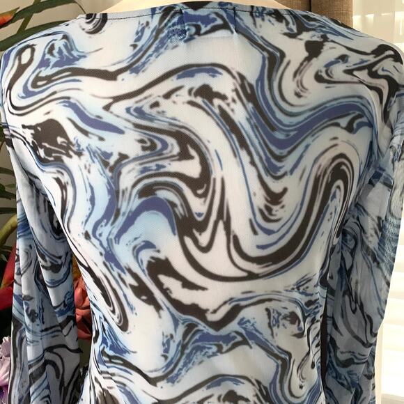 ASOS DESIGN Long Sleeve Mesh Midi Dress with Tie Waist Detail Blue Swirl Print - Picture 9 of 12